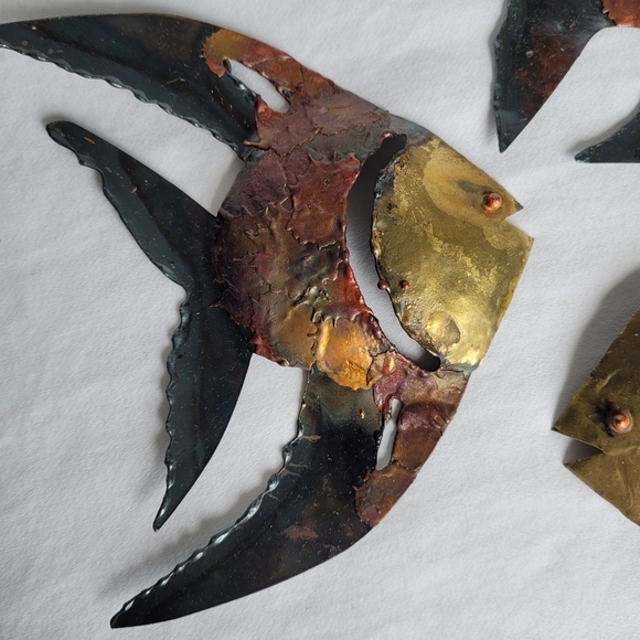 Brutalist Metal Set of 3 Fish Vintage Mixed Metals MCM Wall Decor - Picture 2 of 7